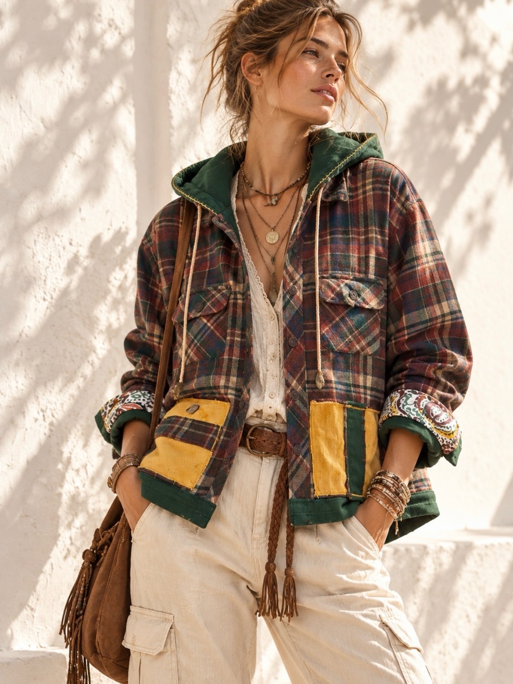 OOAK Reworked High Sierra Wool Plaid Hooded Shacket Floral Appliqué Patchwork M